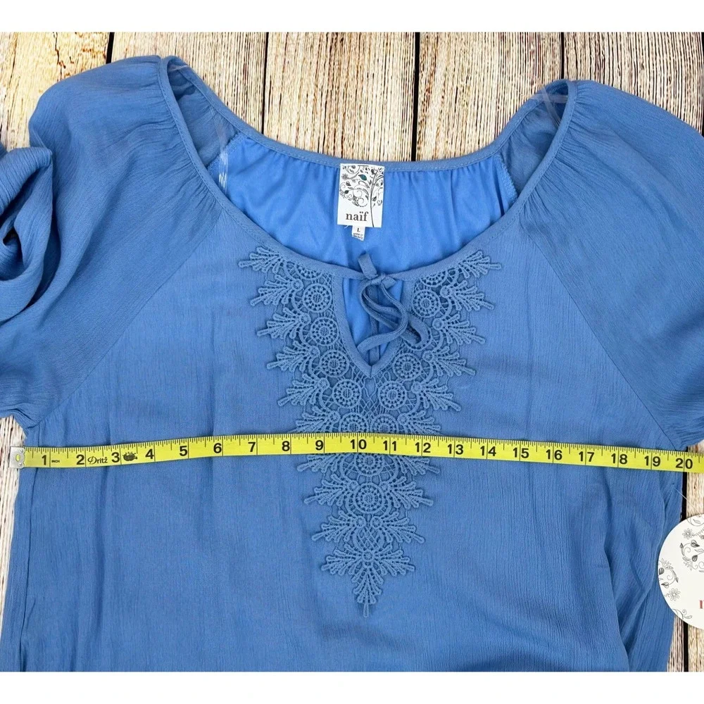 Naif Blue Boho Tunic Dress Size Medium Crochet‎ Trim 3/4 Sleeve Scoop NWT